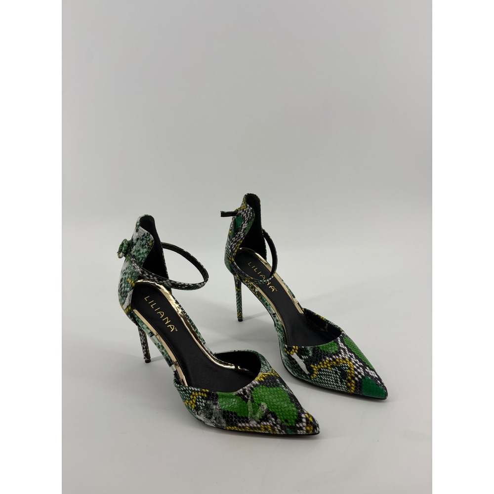 Liliana Womens 10 Green Snakeskin Pumps Ankle Strap Pointed Toe Stiletto Heels